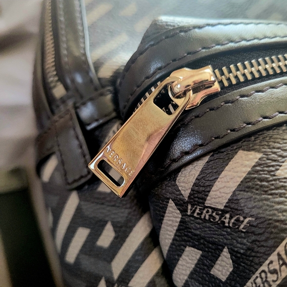 EUC Versace Coated Canvas Calfskin La Greca Signature Backpack Black and Grey - Picture 3 of 16